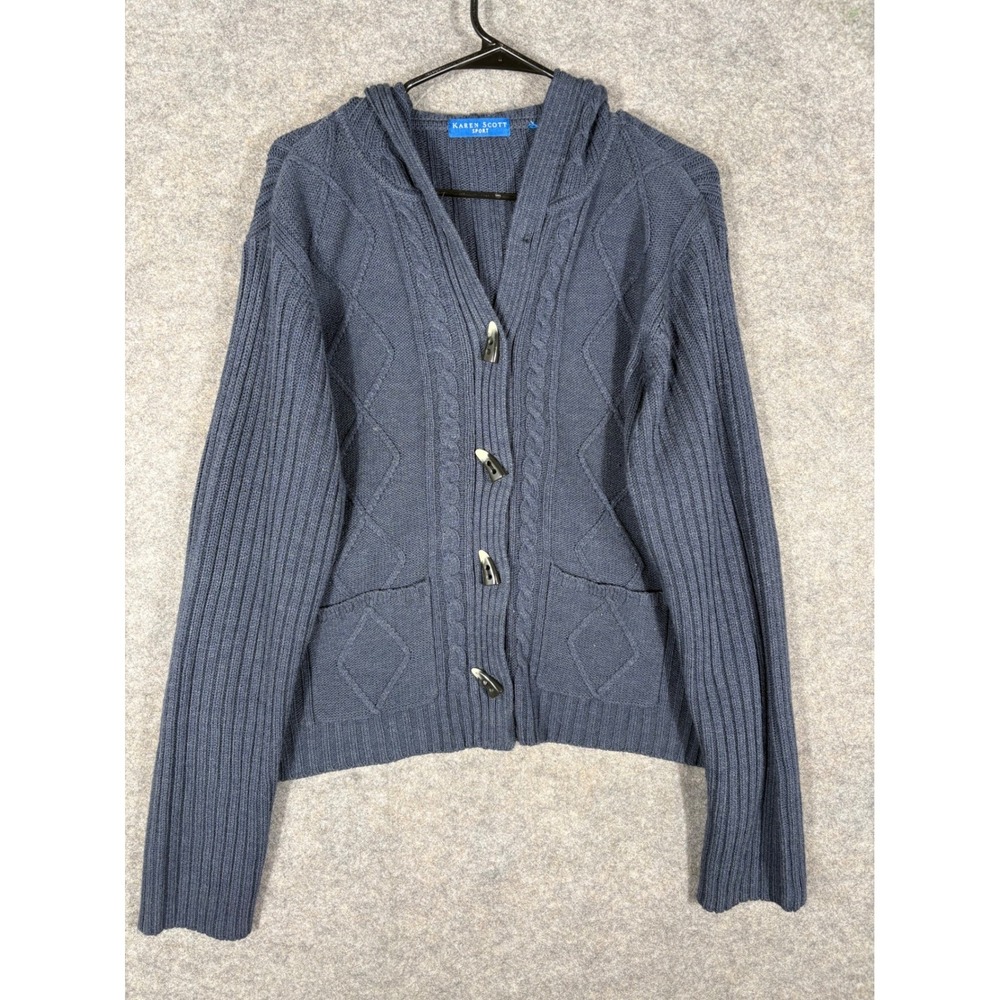 Karen Scott Sport Womens Knit Hooded Cardigan Sweater Blue Toggle Closure‎